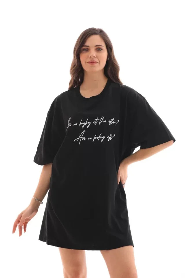Unisex Bisiklet Yaka Baskılı Oversize T-Shirt - Siyah (112557)