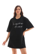 Unisex Bisiklet Yaka Baskılı Oversize T-Shirt - Siyah (112557)