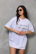Unisex Bisiklet Yaka Baskılı Oversize T-Shirt - Beyaz (112558)