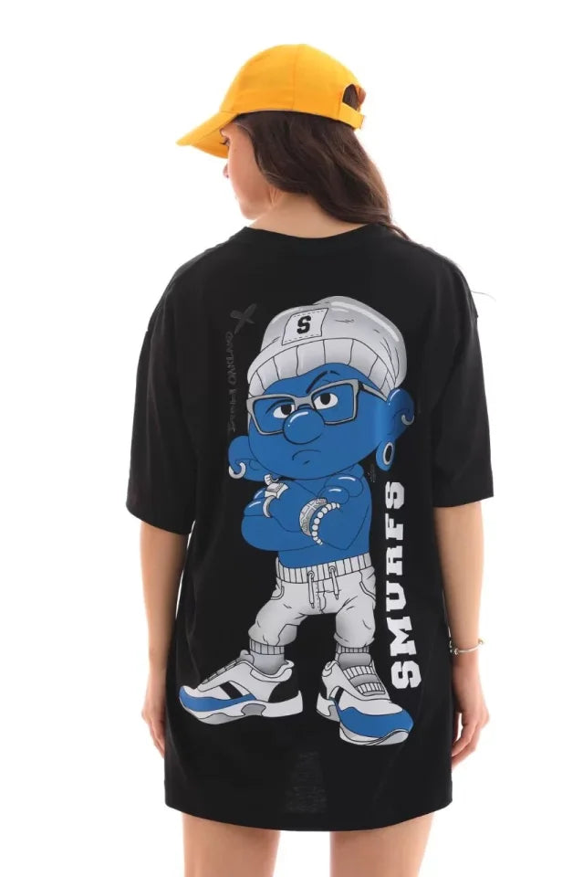 Unisex Bisiklet Yaka Baskılı Oversize T-Shirt - Siyah (112559)