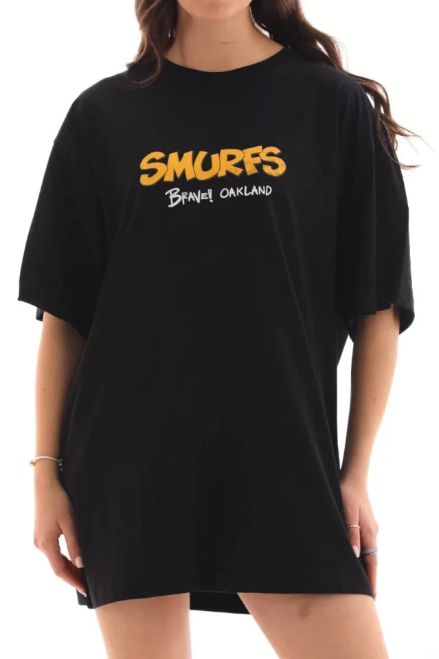 Unisex Bisiklet Yaka Baskılı Oversize T-Shirt - Siyah (112559)