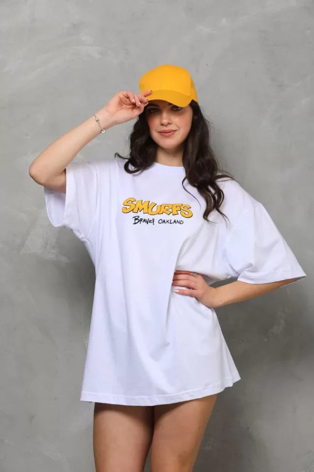 Unisex Bisiklet Yaka Baskılı Oversize T-Shirt - Beyaz (112560)