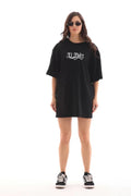 Unisex Bisiklet Yaka Baskılı Oversize T-Shirt - Siyah (112561)