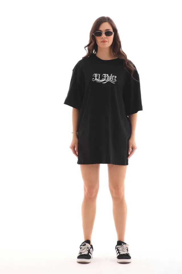 Unisex Bisiklet Yaka Baskılı Oversize T-Shirt - Siyah (112561)