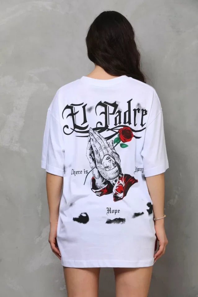 Unisex Bisiklet Yaka Baskılı Oversize T-Shirt - Beyaz (112562)