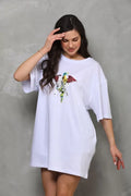 Unisex Bisiklet Yaka Baskılı Oversize T-Shirt - Beyaz (112564)