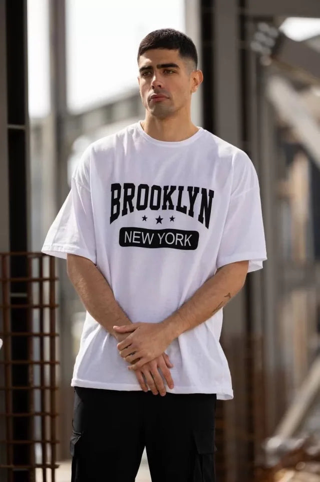 Unisex Bisiklet Yaka Baskılı Oversize T-Shirt - Beyaz (117957)