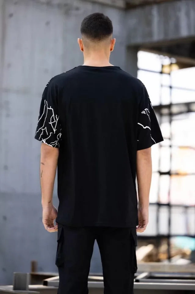 Unisex Bisiklet Yaka Baskılı Oversize T-Shirt - Siyah (117958)
