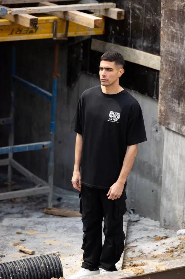 Unisex Bisiklet Yaka Baskılı Oversize T-Shirt - Siyah (117961)