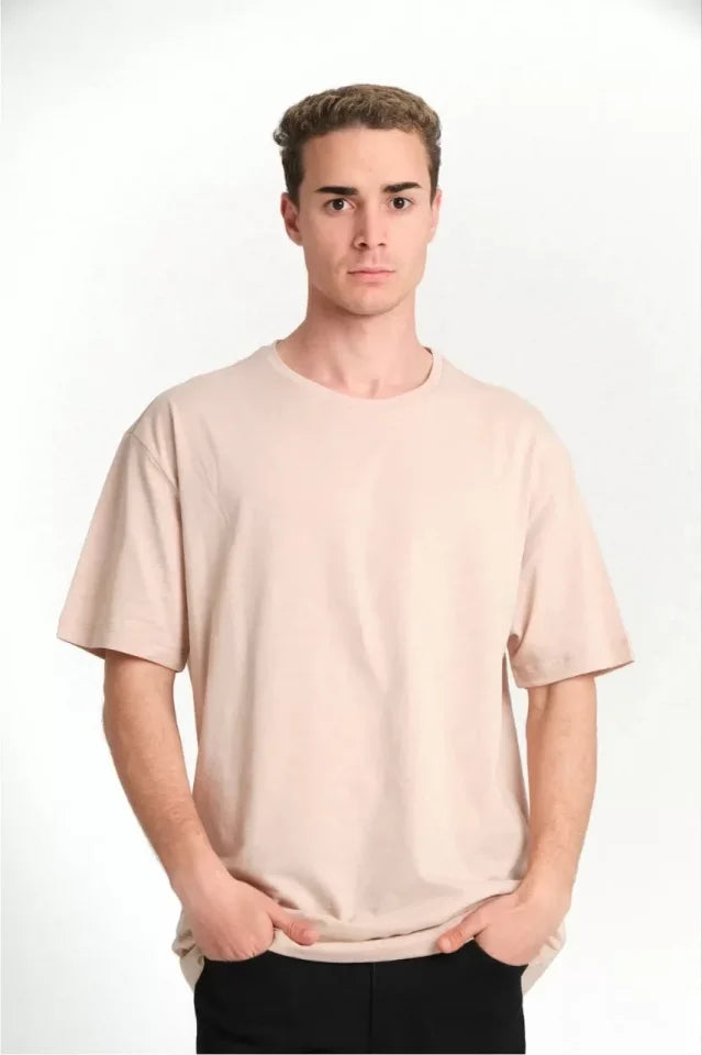Unisex Düz Biskilet Yaka Oversize T-shirt - Bej (118801)