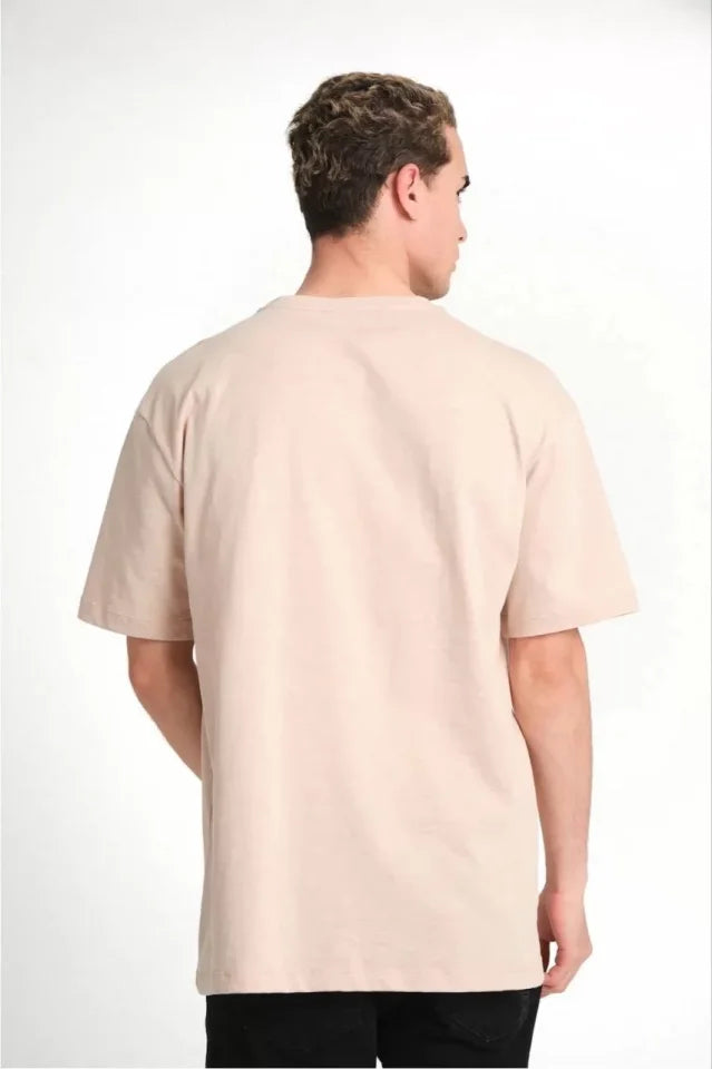 Unisex Düz Biskilet Yaka Oversize T-shirt - Bej (118801)