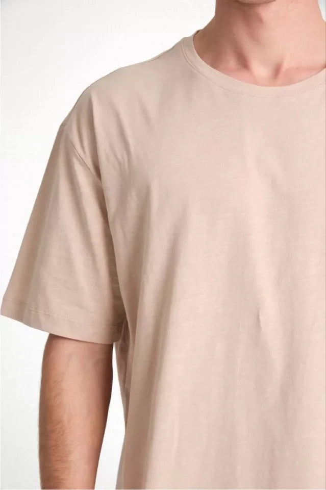 Unisex Düz Biskilet Yaka Oversize T-shirt - Bej (118801)