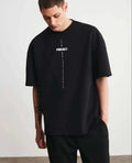 Unisex Bisiklet Yaka Baskılı Oversize T-Shirt - Siyah (118876)