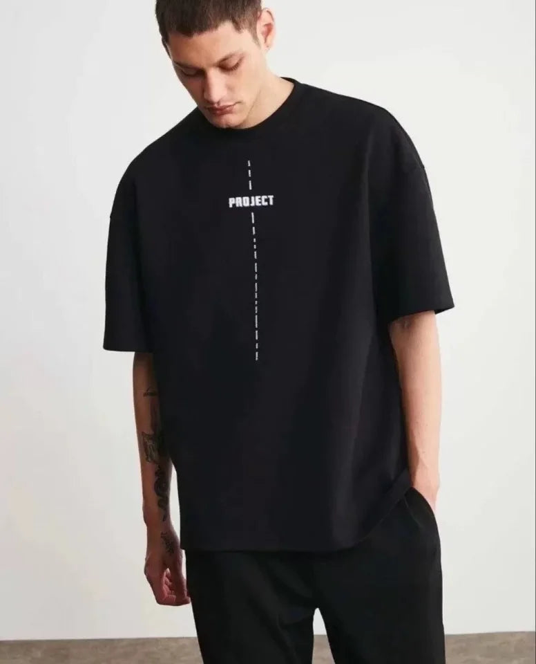 Unisex Bisiklet Yaka Baskılı Oversize T-Shirt - Siyah (118876)