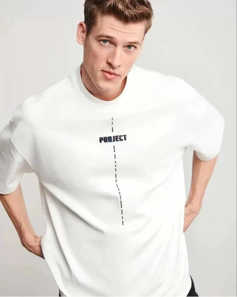 Unisex Bisiklet Yaka Baskılı Oversize T-Shirt - Beyaz (118877)