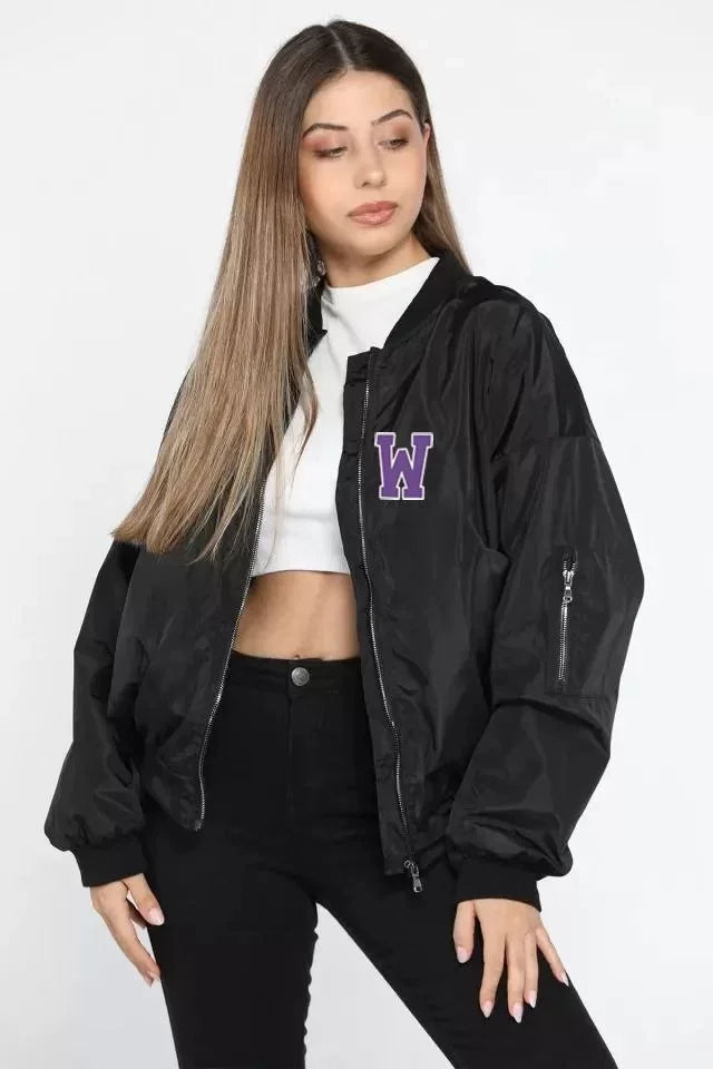 Unisex Uzun Kol Baskılı Bomber Ceket - Siyah (121865)