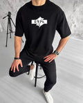 Unisex Bisiklet Yaka Baskılı Double Oversize T-Shirt - Siyah (123490)
