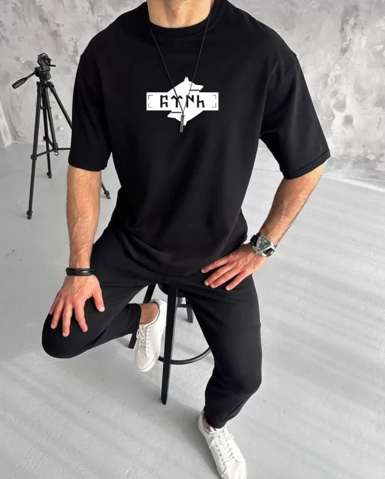 Unisex Bisiklet Yaka Baskılı Double Oversize T-Shirt - Siyah (123490)