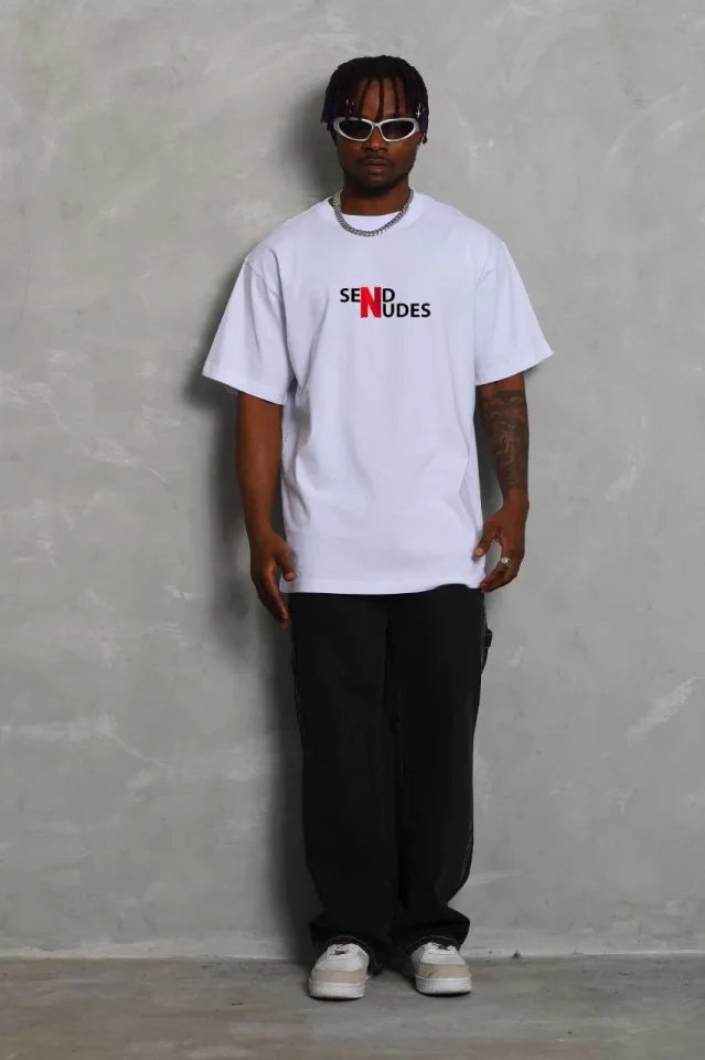 Unisex Bisiklet Yaka Double Oversize Baskılı T-Shirt - Beyaz (123922)