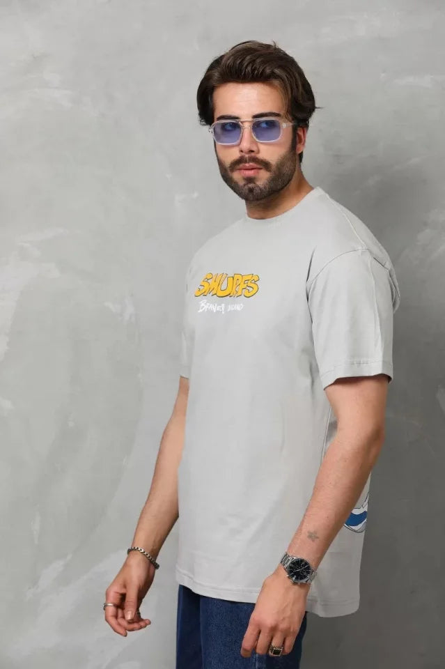 Unisex Basic Bisiklet Yaka Oversize T-Shirt - Gri (123956)