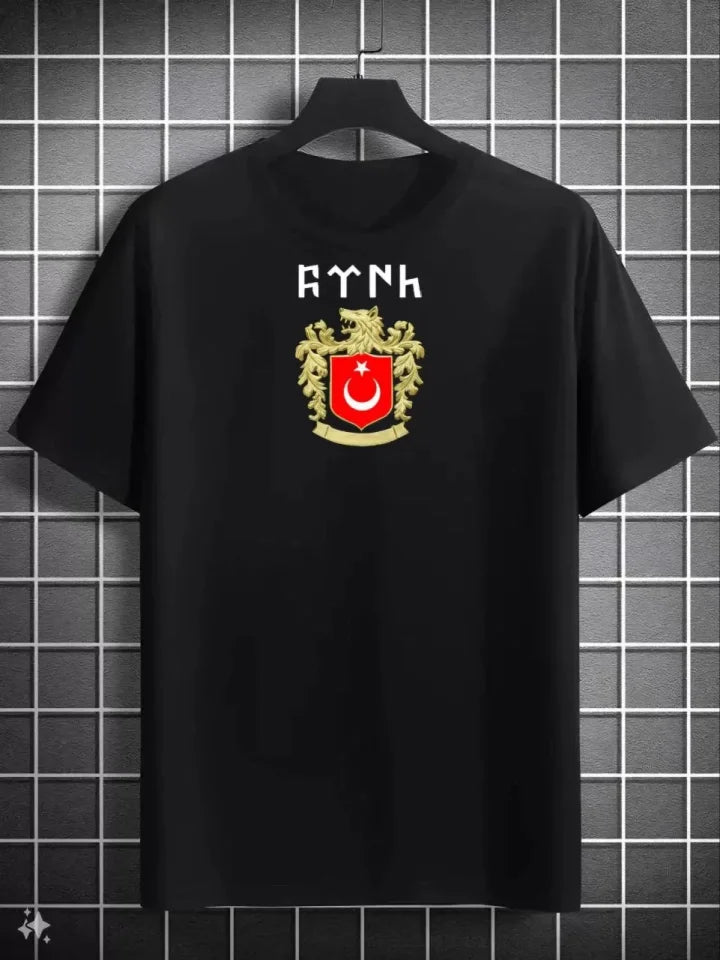 Unisex Bisiklet Yaka Baskılı Oversize T-Shirt - Siyah (124033)