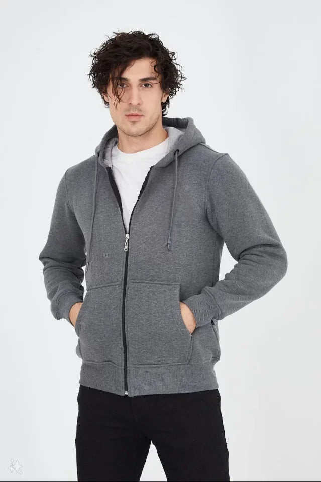 Unisex Tam Fermuarlı Kapşonlu  SweatShirt - Füme (126806)