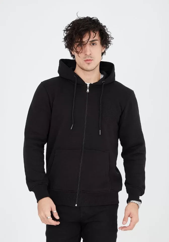 Unisex Tam Fermuarlı Kapşonlu  SweatShirt - Siyah (126812)