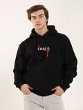 Unisex Baskılı Oversize Üç İplik Kapüşonlu Sweatshirt - Siyah (126986)