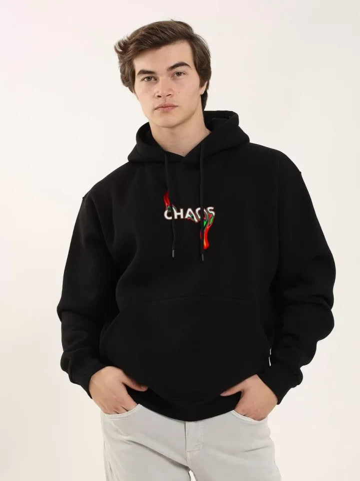 Unisex Baskılı Oversize Üç İplik Kapüşonlu Sweatshirt - Siyah (126986)