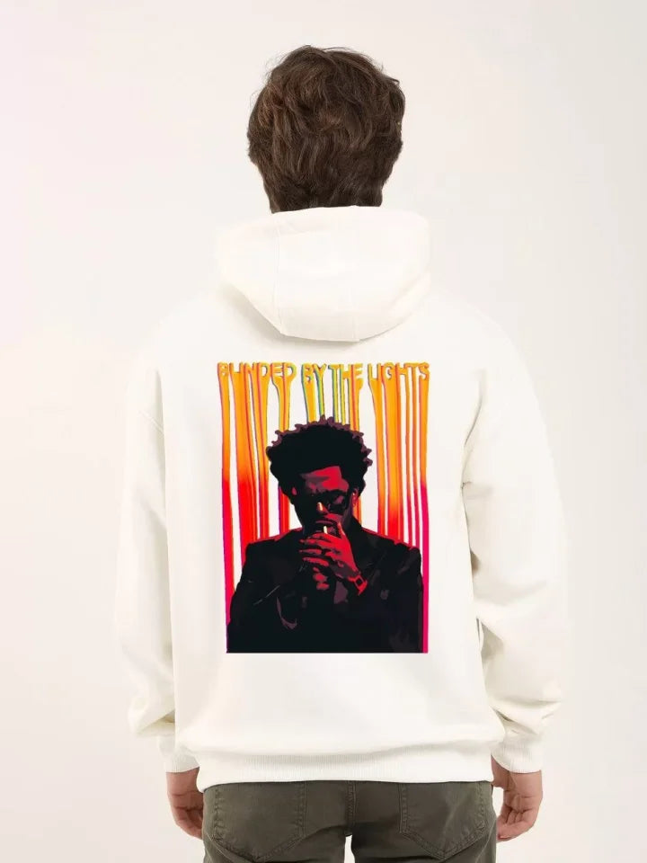 Unisex Baskılı Oversize Üç İplik Kapüşonlu Sweatshirt - Beyaz (126987)
