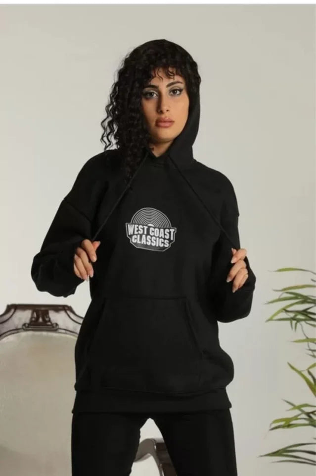 Unisex Sırt Baskılı Kapüşonlu Üç İplik Oversize Sweatshirt - Siyah (127295)
