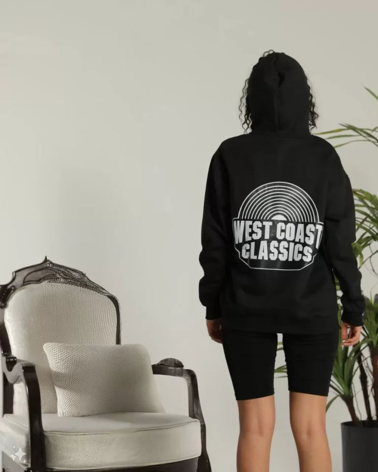 Unisex Sırt Baskılı Kapüşonlu Üç İplik Oversize Sweatshirt - Siyah (127295)