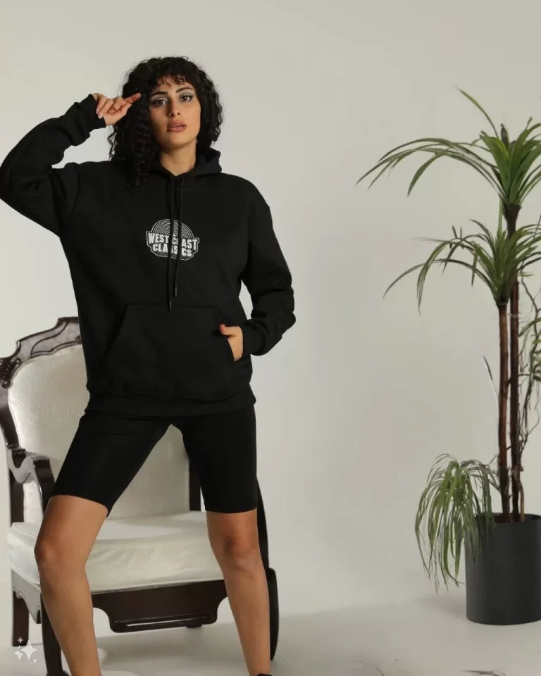 Unisex Sırt Baskılı Kapüşonlu Üç İplik Oversize Sweatshirt - Siyah (127295)