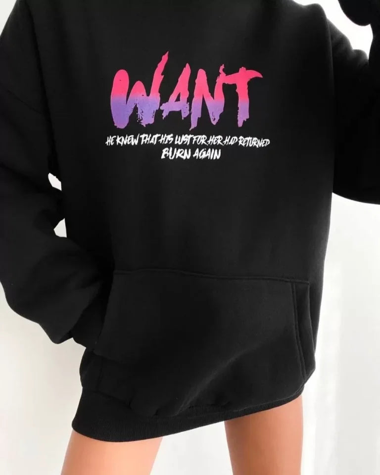 Baskılı Üç İplik Kapüşonlu Oversize Sweatshirt - Siyah (127364)