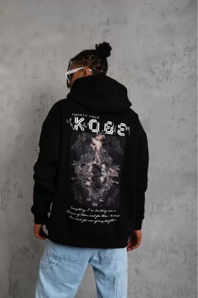 Unisex Sırt Baskılı Kapüşonlu Üç İplik Oversize Sweatshirt - Siyah (127365)