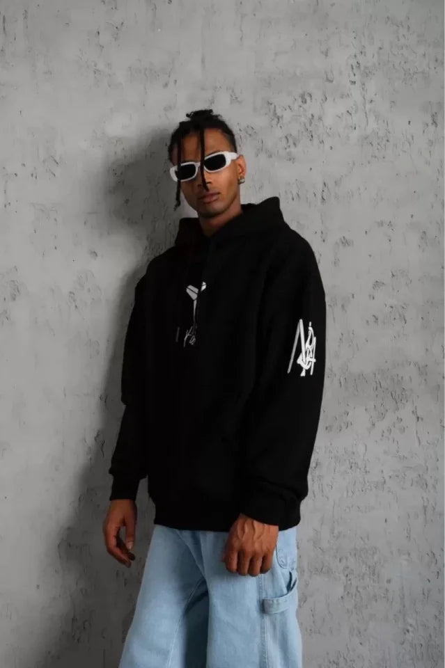 Unisex Sırt Baskılı Kapüşonlu Üç İplik Oversize Sweatshirt - Siyah (127365)