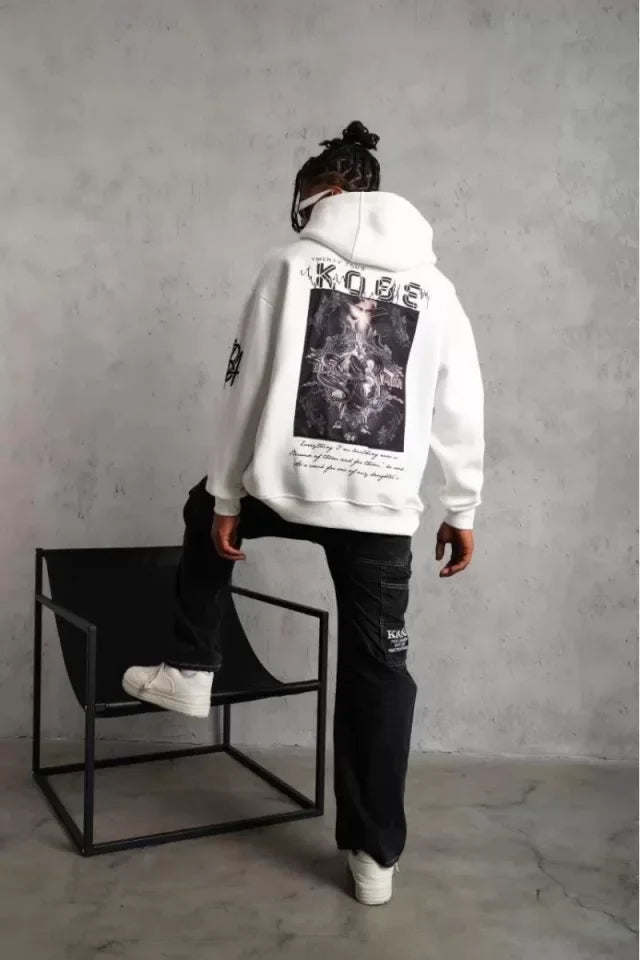 Unisex Sırt Baskılı Kapüşonlu Üç İplik Oversize Sweatshirt - Beyaz (127366)
