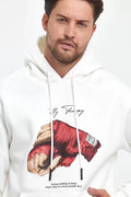 Unisex Kapüşonlu Üç İplik Oversize Baskılı Sweatshirt - Beyaz (127624)