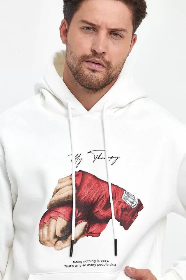 Unisex Kapüşonlu Üç İplik Oversize Baskılı Sweatshirt - Beyaz (127624)