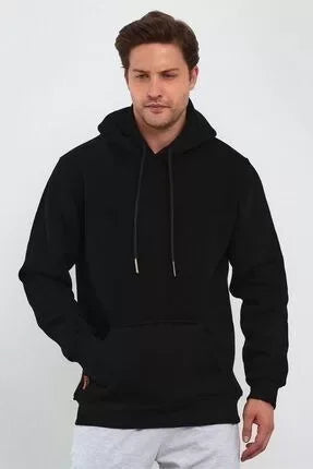 Erkek Uzun Kol Kapşonlu Basic Sweatshirt Hoodie - Siyah (127780)