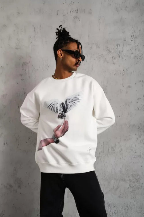Erkek Güvercin Baskılı Sweatshirt - Beyaz (129079)