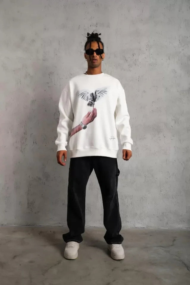 Erkek Güvercin Baskılı Sweatshirt - Beyaz (129079)