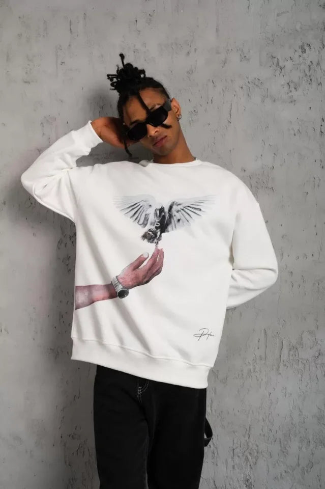 Erkek Güvercin Baskılı Sweatshirt - Beyaz (129079)