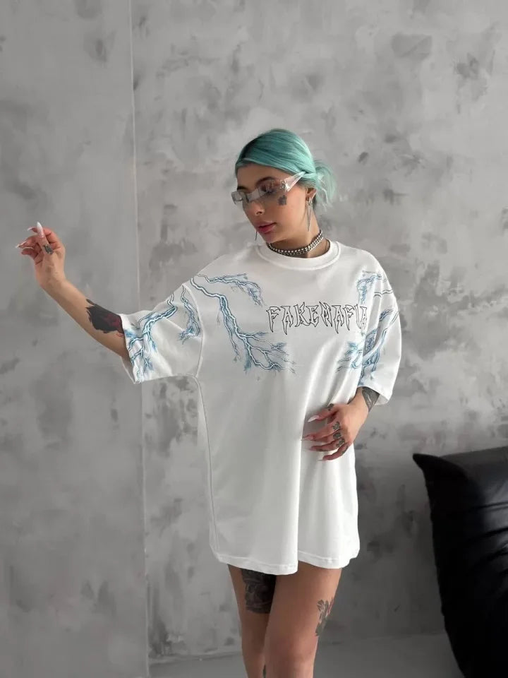 Unisex Bisiklet Yaka Baskılı Oversize T-Shirt - Beyaz (129081)