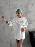 Unisex Bisiklet Yaka Baskılı Oversize T-Shirt - Beyaz (129081)