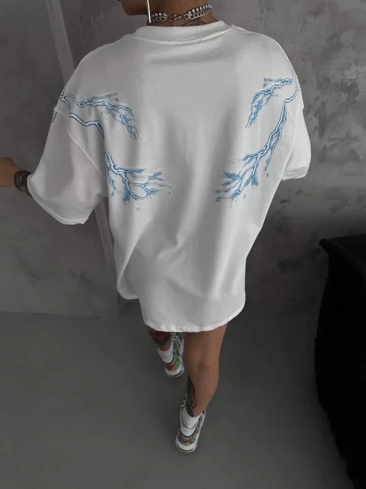 Unisex Bisiklet Yaka Baskılı Oversize T-Shirt - Beyaz (129081)
