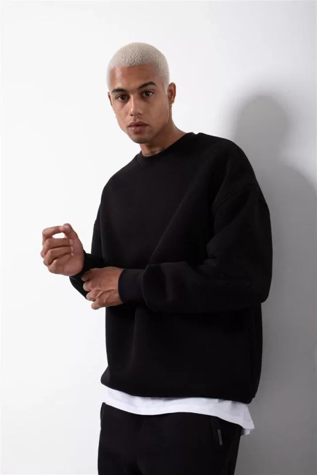 Unisex Biskilet Yaka Üç İplik SweatShirt - Siyah (129426)