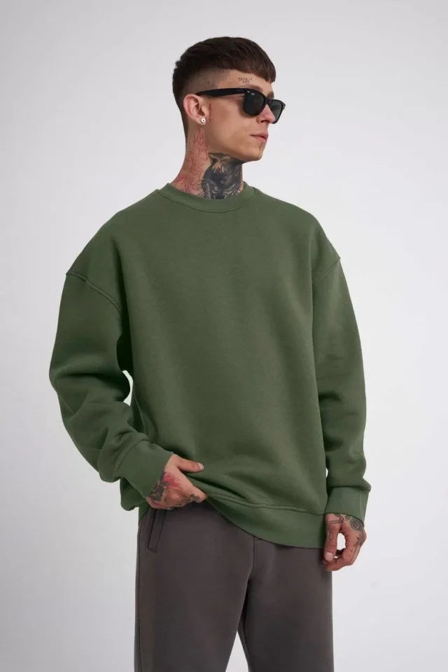 Unisex Biskilet Yaka Üç İplik SweatShirt - Haki (129428)