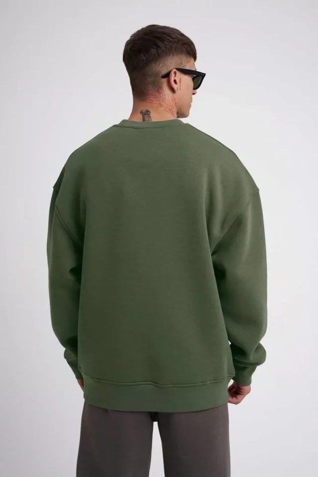 Unisex Biskilet Yaka Üç İplik SweatShirt - Haki (129428)
