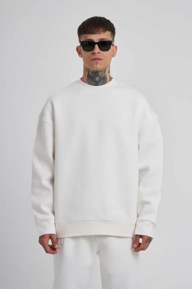 Unisex Biskilet Yaka Üç İplik SweatShirt - Beyaz (129431)